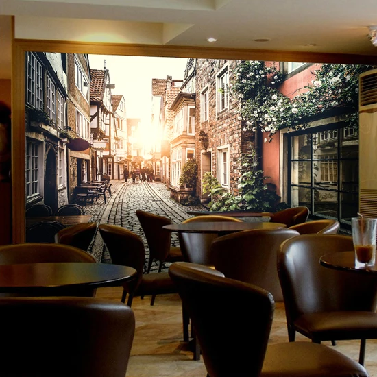 Custom 3D European style retro nostalgia European town street wallpaper restaurant Internet cafe mural living room TV backdrop