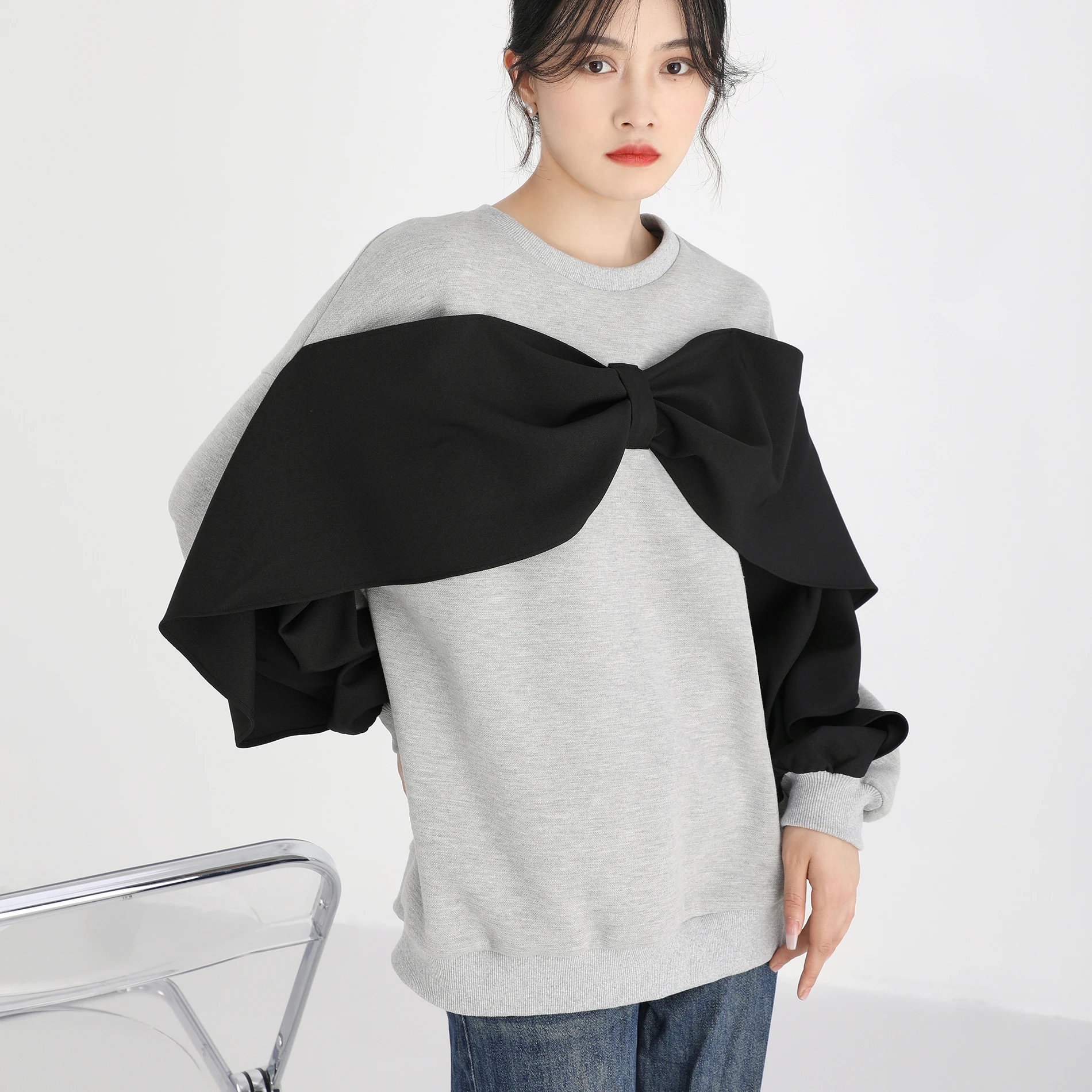 Loose No Hat Hoodies Women Spring Autumn Panelled Fake Two Pieces Patchwork Design Ruffles Bow Long Sleeve Clothing Fashion New