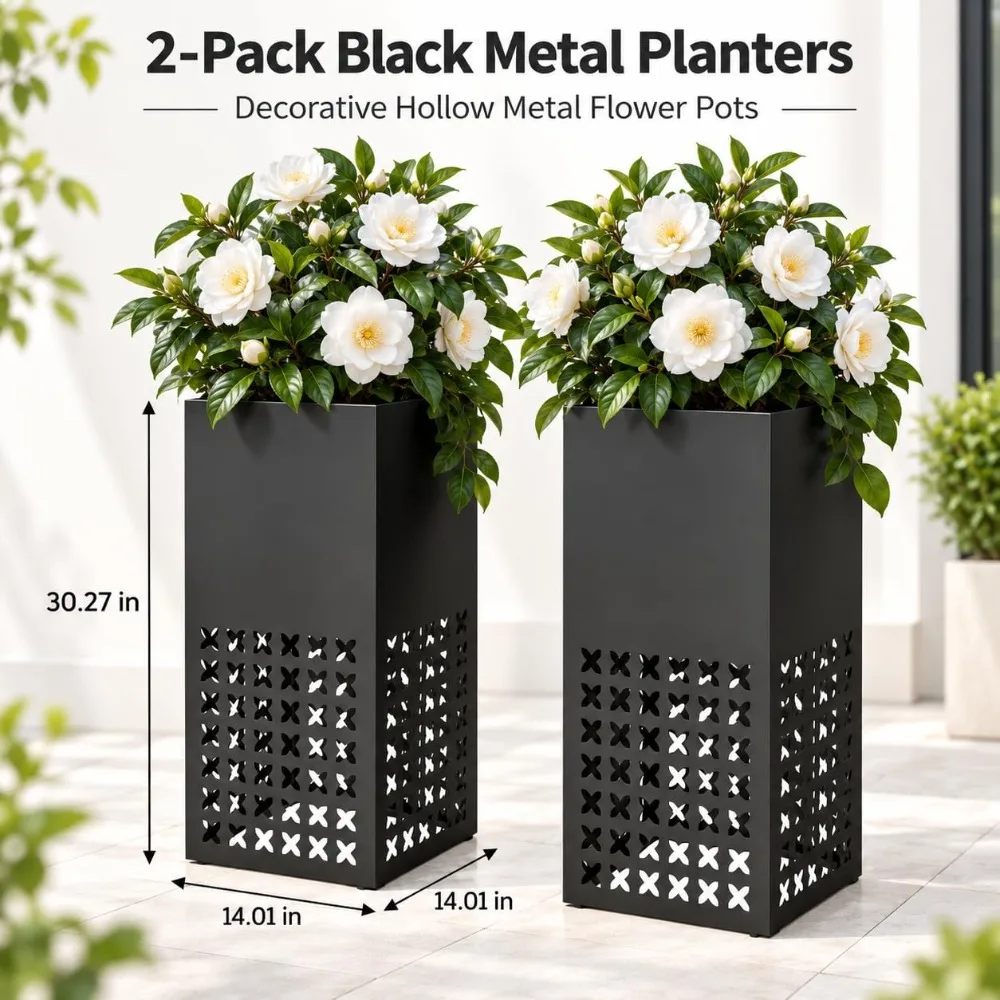2 Pack Tall Outdoor Metal Planters 14x14x30 Inch Black for Porch Garden Patio Deck