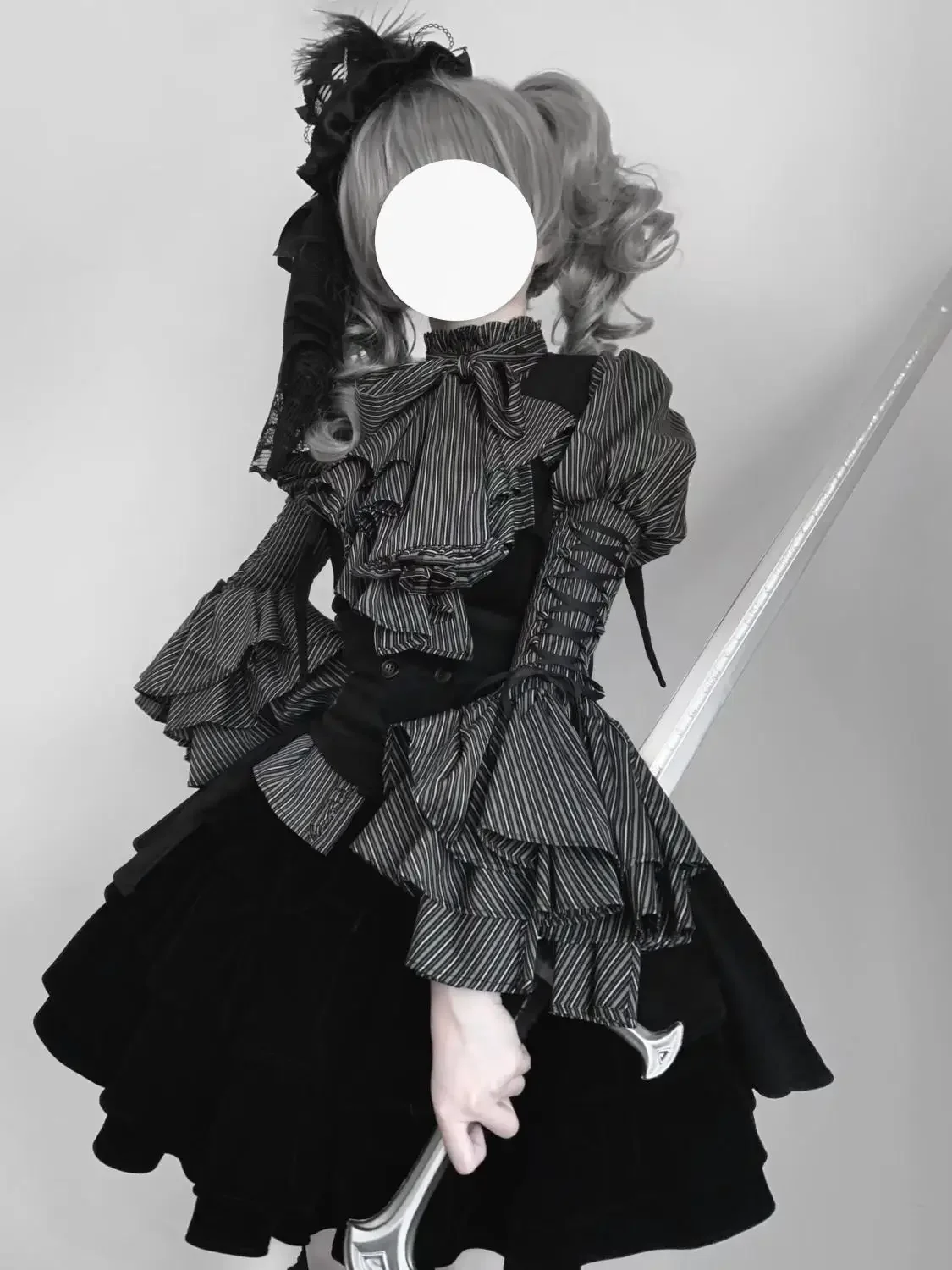 Gothic Style Striped Print Blouse + Skirts Sets Bandage Autumn Spring Long Sleeve High Waist Lolita Patchwork Cake Skirt Suit