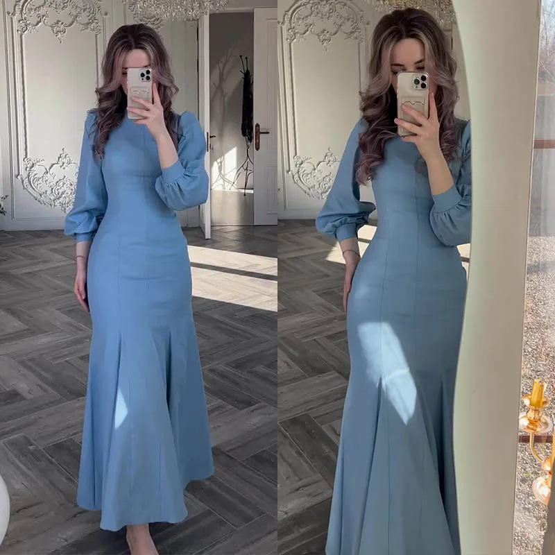 Autumn Elegant Solid Midi Dress Women Long Sleeve Slim Mermaid Spring New French Vintage Wedding Party Vestidos Robe Mujers