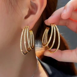 CWWZircons 3 Circle Bling Cubic Zirconia Pave Luxury Yellow Gold Color Big Round Geometric Triple Hoop Earrings for Women CZ581