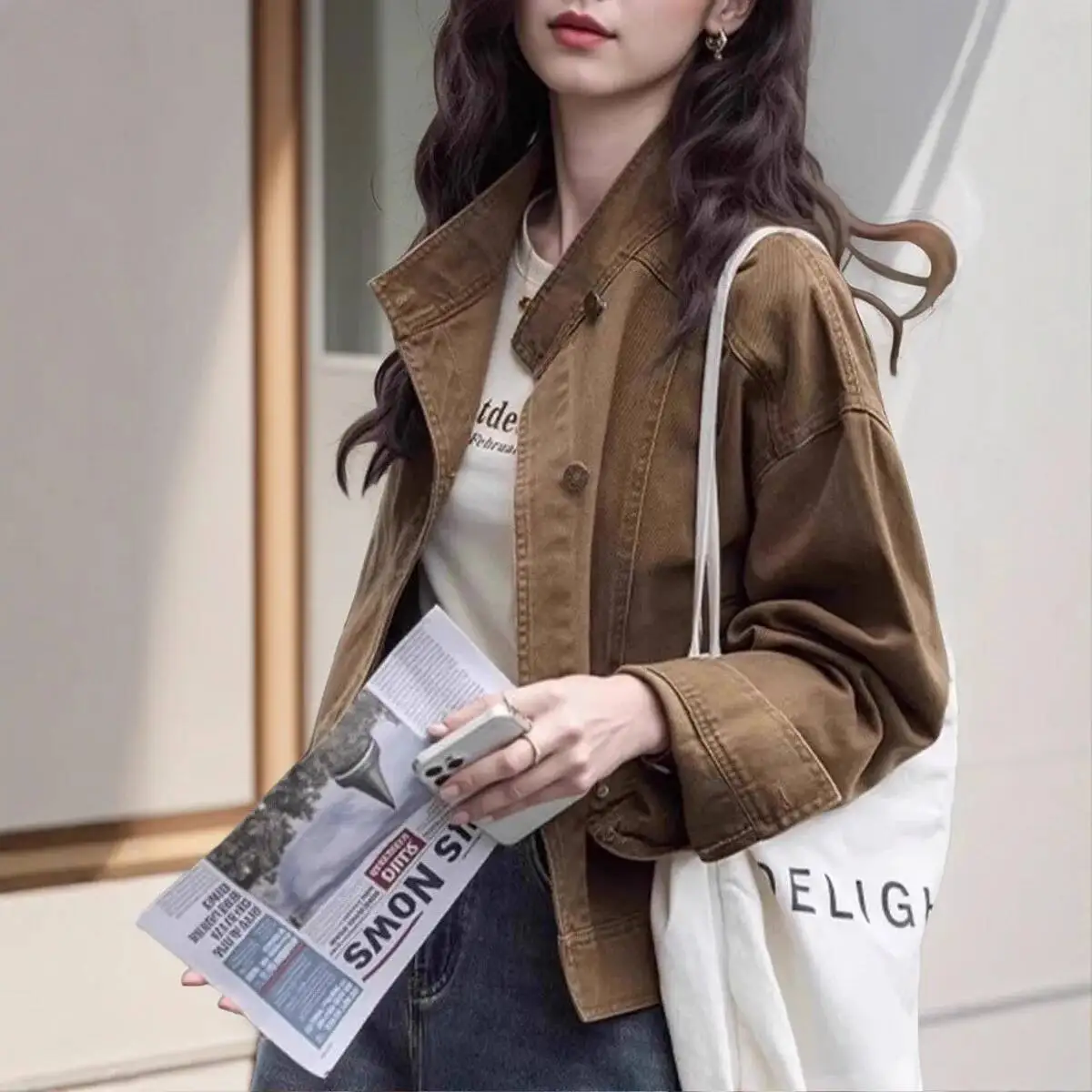 Mulheres jaqueta curta 2025 outono novo retro café denim jaqueta solta gola estilo utilitário casaco curto casual outerwear