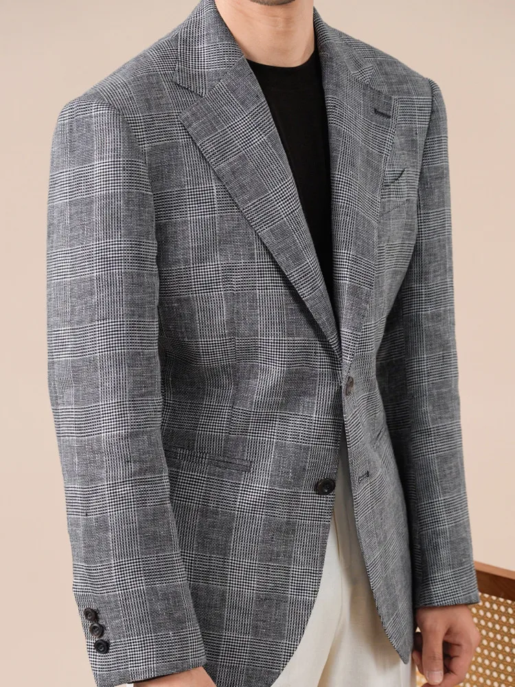 100% Linen Male Blazer Suit Check Men Spring Breathable Business Casual Suit Jacket Linen Blend Mens Stylish Blazer