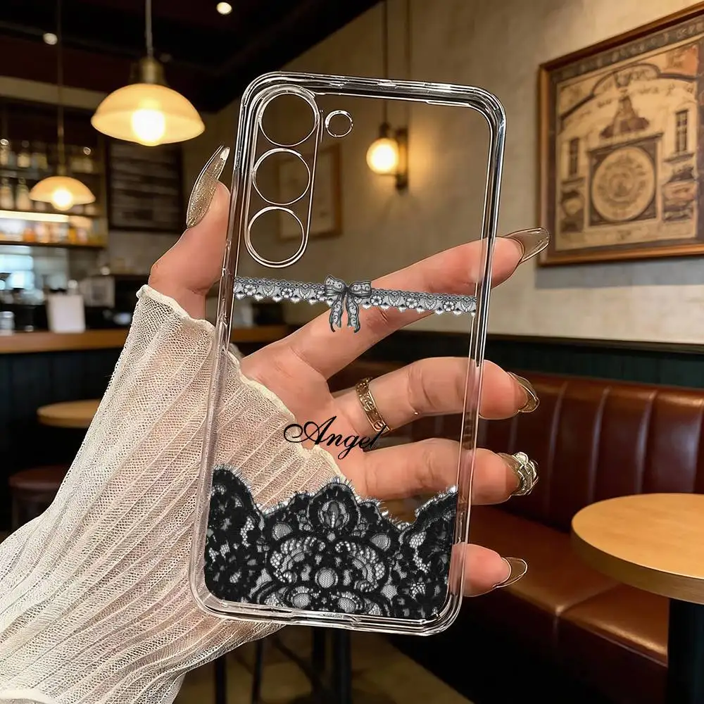 

Creative Light Luxury Lace Trim Phone Case For Samsung Galaxy A71,A70,A52,A51,A40,A30 Transparent Cover