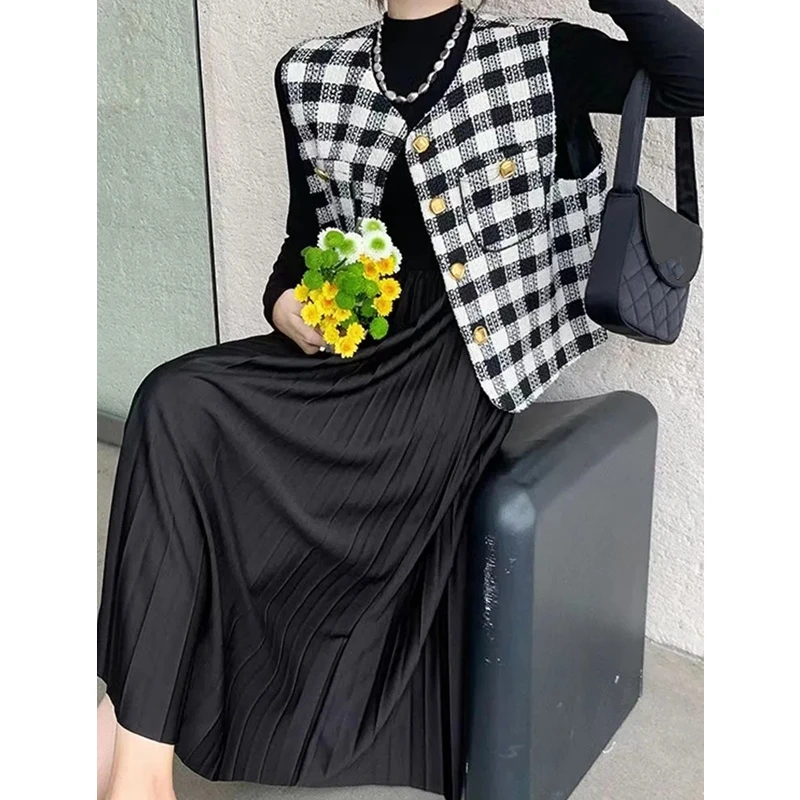 Women Knit Dress Plaid Vest Two Piece Set Spring Autumn Korean Lady Graceful Patchwork Pleated Dresses Tank Coat Outfits 2023