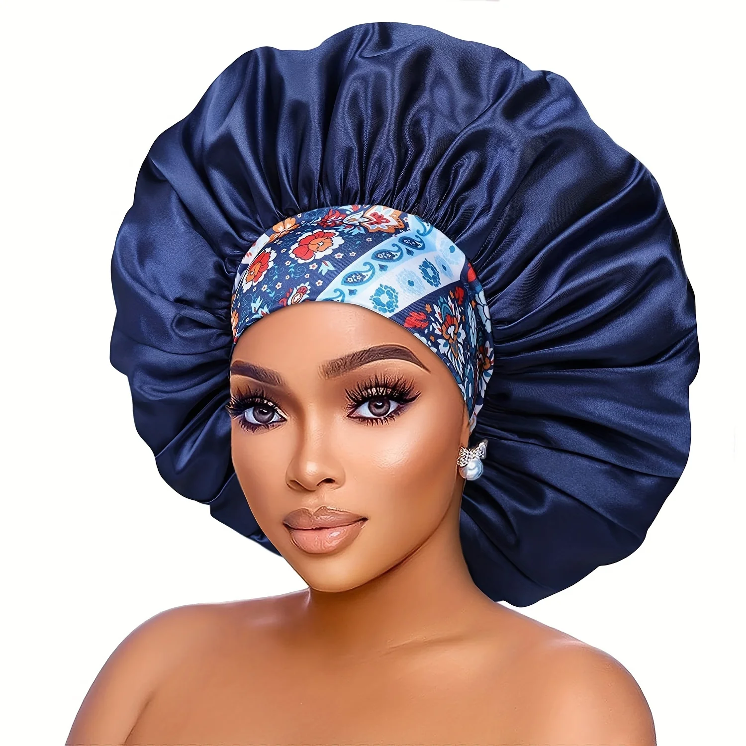 Women's Fashion Bonnet Flower Printed Hair Hat with Wide Edge Elastic Silk Smooth Satin Face for Daily Home Sleep Hat