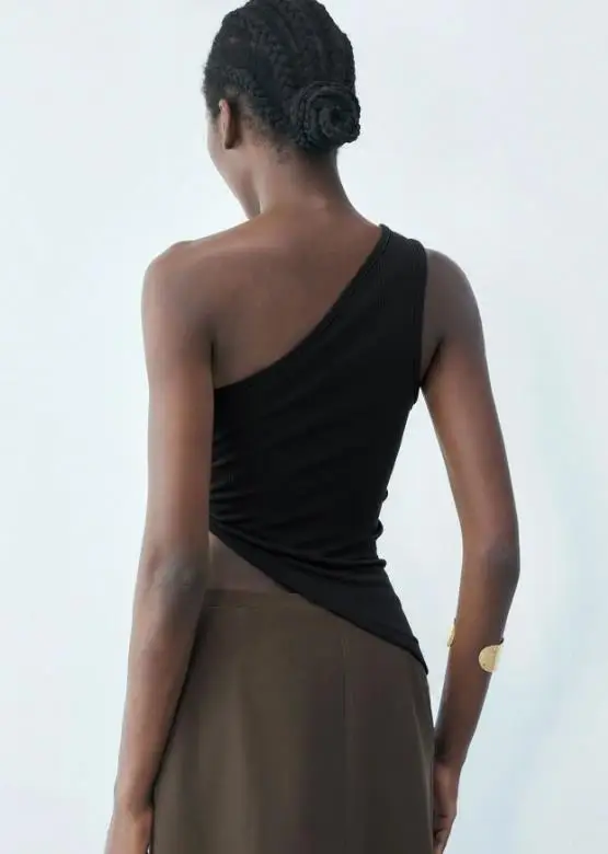 

Top Women 2026 Spring Summer New Solid Color Sexy Off Shoulder Sloping Collar Sleeveless Irregular Hem Slim Fit Daily Vest Top