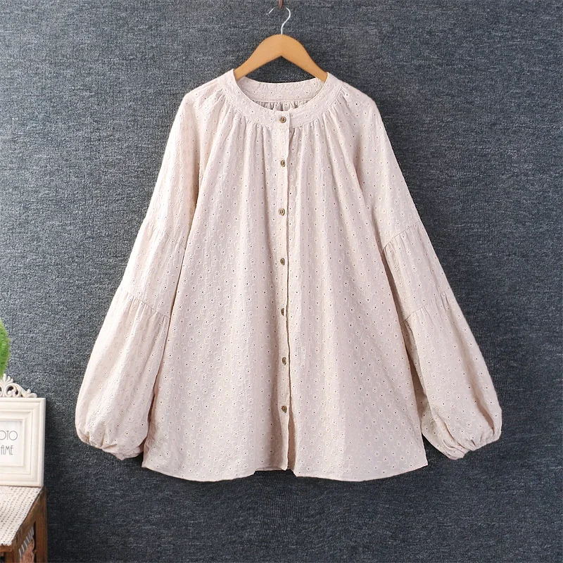 

Spring Sweet Mori Girl Stand Collar Hollow Out Embroidered Shirt Women Single Breasted Long Sleeve Causal Cotton Tops