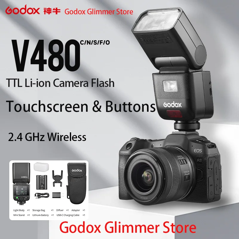 【Novo】Flash de Câmera Godox V480 TTL Li-ion, 650 Flashes de Potência Total com Luz de Estilização Integrada para Canon/Nikon/Sony/FUJIFILM/Olympus