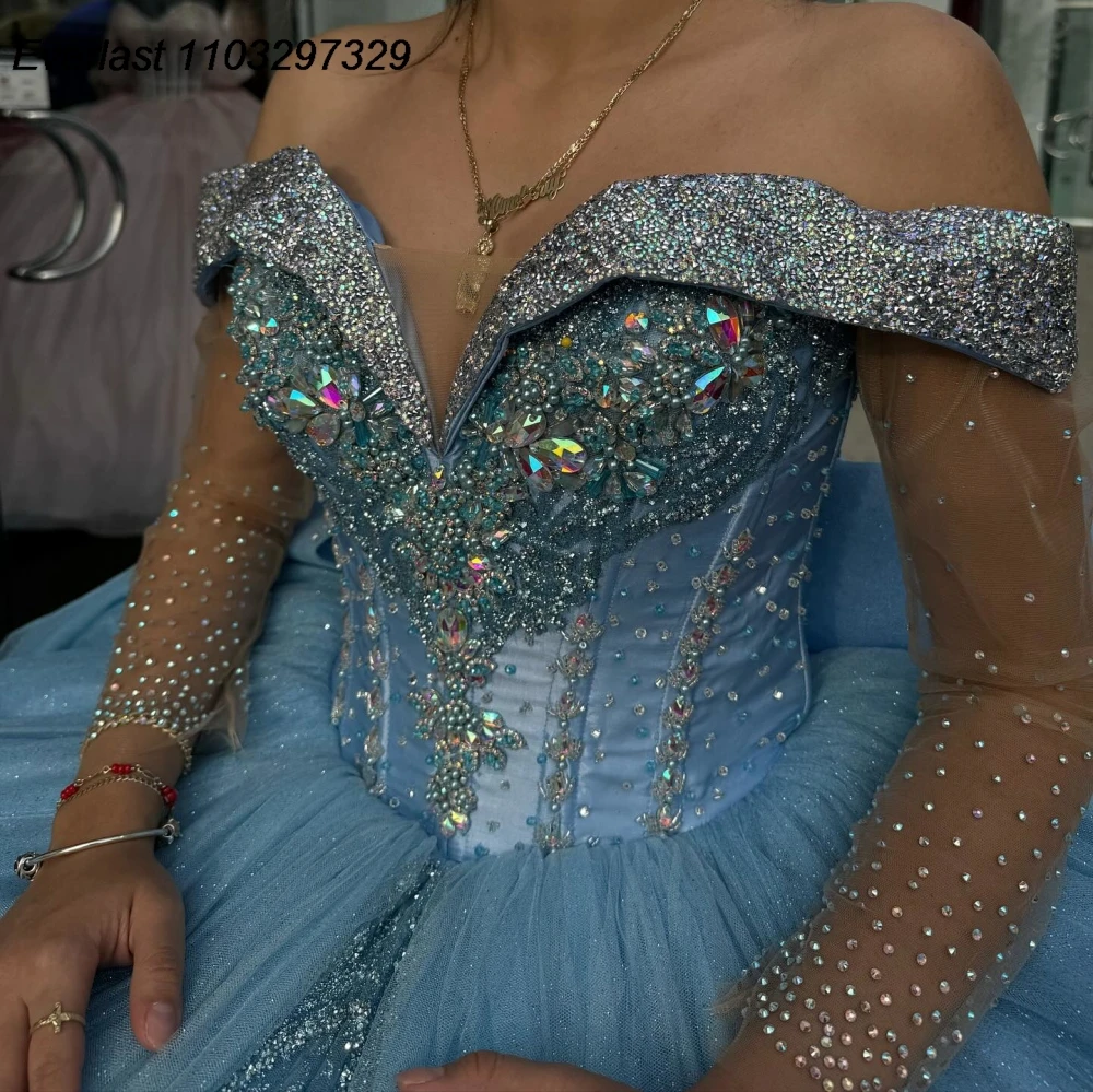 EVLAST Princess Blue Quinceanera Dress Ball Gown Glitter Lace Applique Beading Bow Corset Sweet 16 Vestido De 15 Anos QD1059