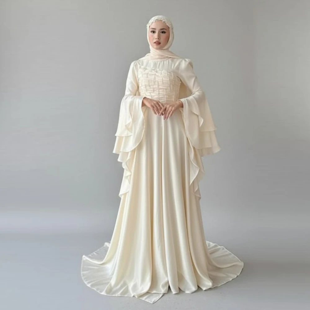 

Customized A Line Wedding Dresses Hijab Muslim Woman Evening Dress Elegant Flare Sleeves Luxury Prom Party Gowns Long 2026