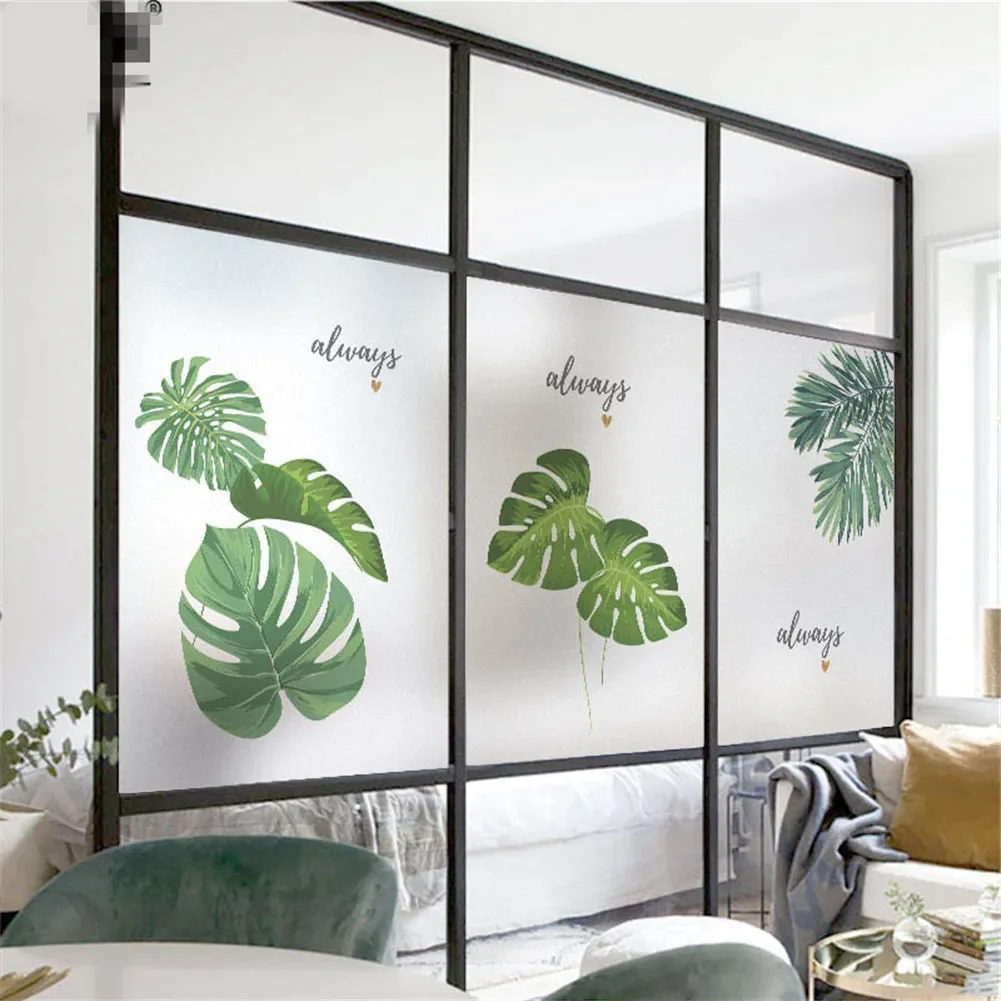 Static Cling Privacy Windows Film Decorative Leaves Pattern Stained Glass Window Stickers   Frosted Windows Film for Home