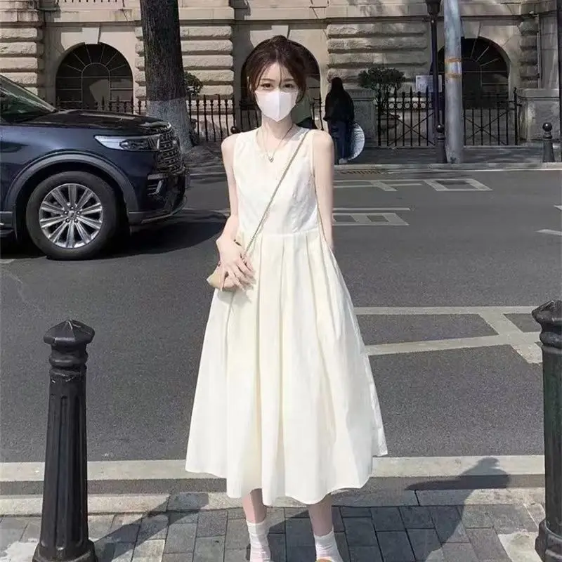 

Sweet O-Neck Solid Color Spliced Folds Sleeveless Dress Female Clothing 2025 Summer New Loose Preppy Style Casual Dresses