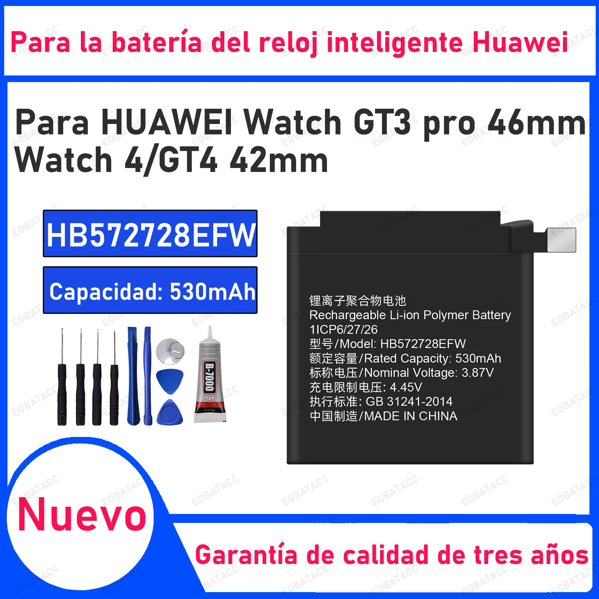 

530mAh 100% New HB572728EFW Battery For HUAWEI Watch GT3 pro 46mm Replacement Bateria+Free Tools