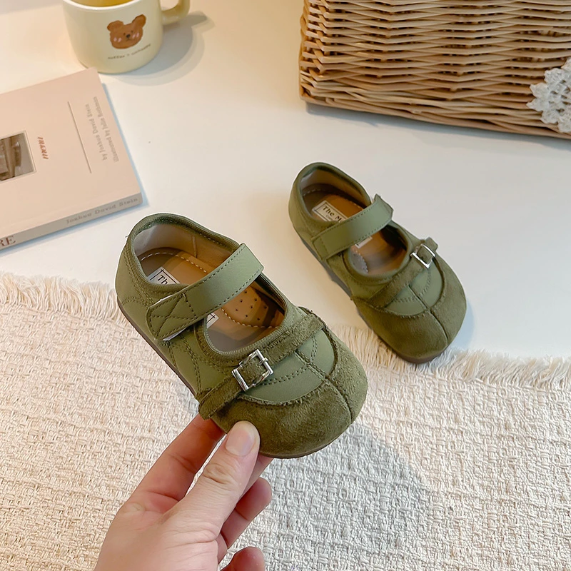 Girls Vintage Suede Mary Jane Shoes, Toddler Girls T-Strap Flat Dress Shoes, Soft Sole Princess Shoes, Pink White / Olive Green