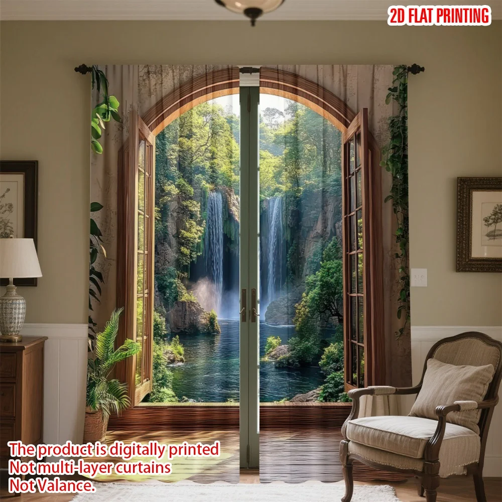 

2D flat printing 2pcs Curtain Open Waterfall View(1) Digital Printed Polyester Drapes Party Decorations Use for Indoor