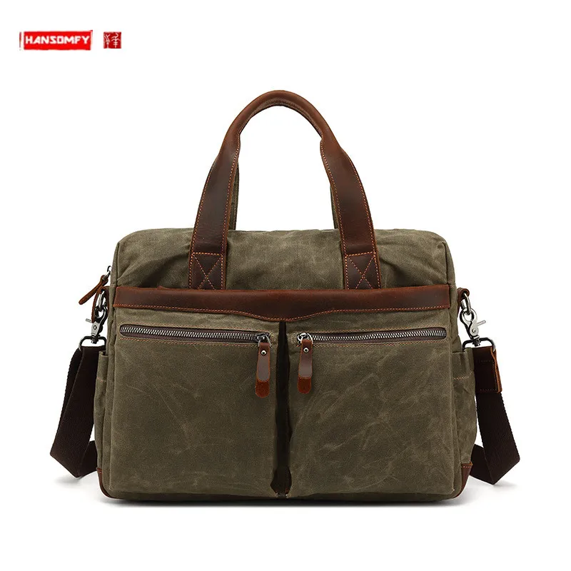 Portable Crossbody Bag Men's handbags Business Shoulder Briefcase Outdoor Travel Computer Bag Canvas With Crazy Horse Leather