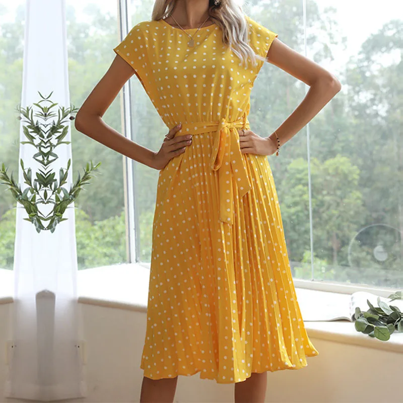 Elegant Boho Women's Beach Short Sleeve Dress Sexy Polka Dot Print Sundress Floral High Waist Pleat Casual Midi Dresses Vestidos