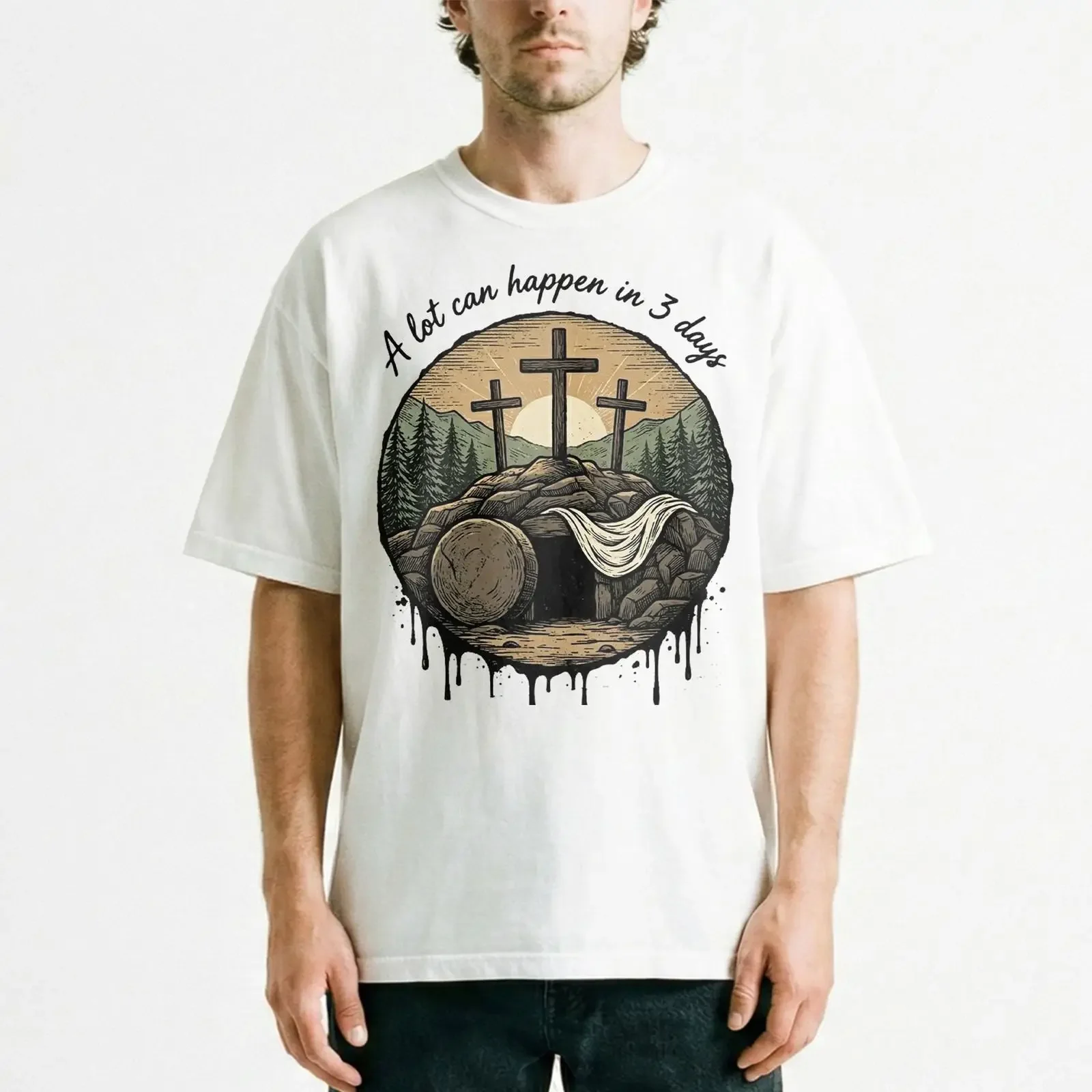 Resurrection Cross Easter Christian Faith T Shirt He Is Risen Quote vintage Washed homme Unisex streetwear Breathable Stretched