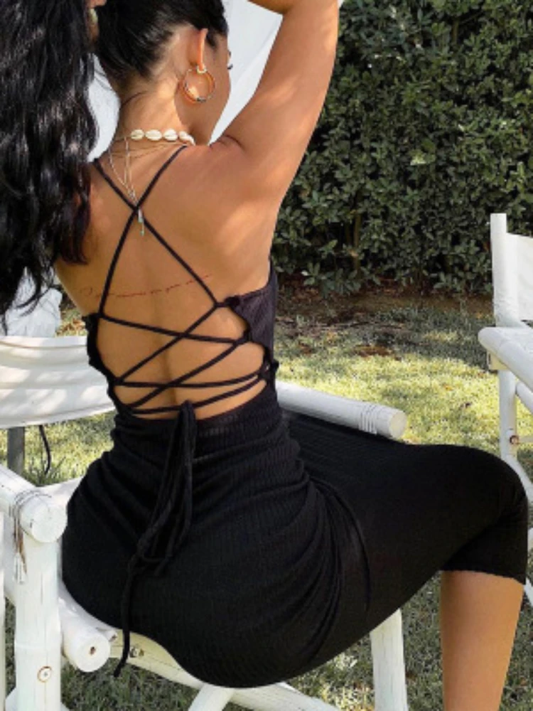 Vestido largo sexi de punto acanalado con espalda descubierta y vendaje cruzado para mujer, vestido largo ajustado con tirantes finos, Vestidos elegantes para fiesta y discoteca