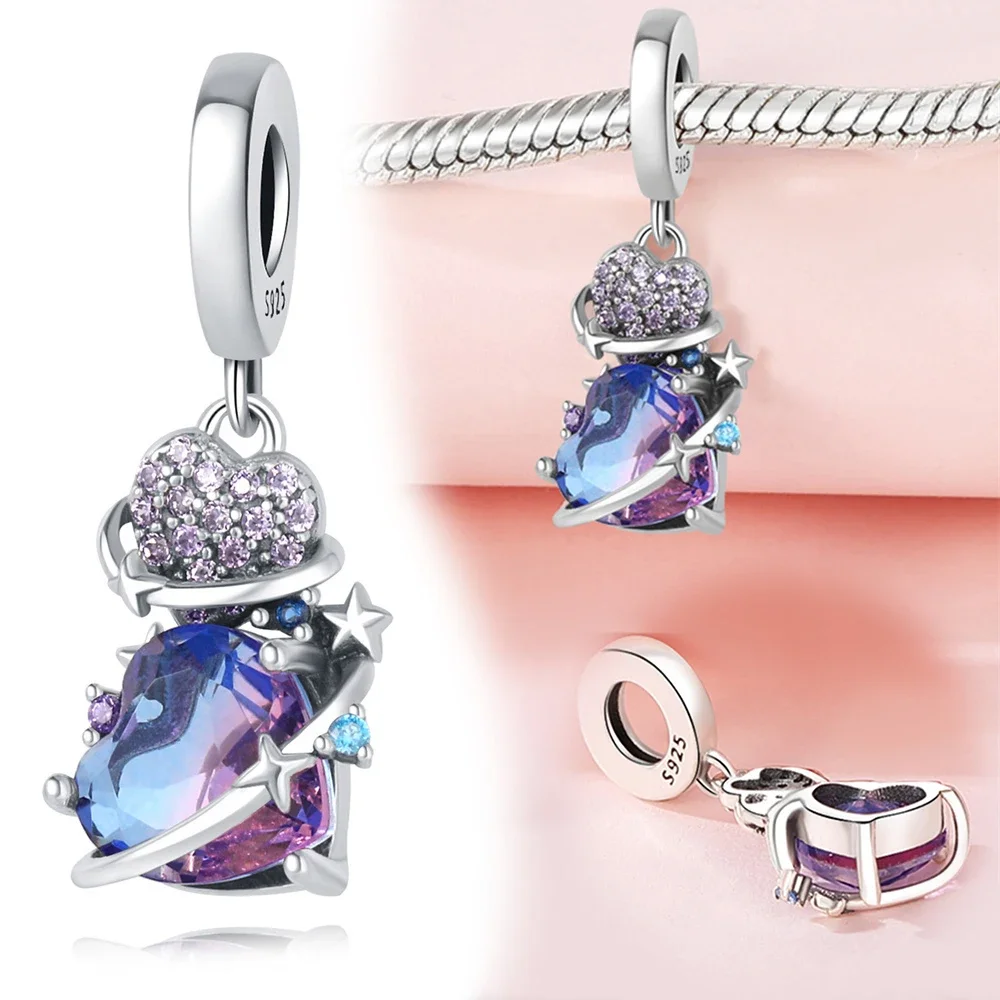 Breloques Pandora en argent regardé 925 pour femme, pendentif coeur violet, lune, planète, perles, bracelet original, bijoux