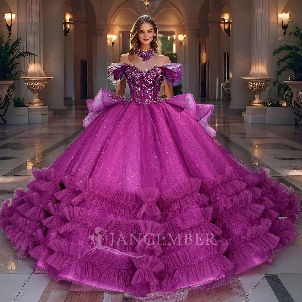 

Горячее фиолетовое кружевное платье принцессы Quinceanera с открытыми плечами, бальное платье из бисера, платье принцессы, корсет, bestidos, по индивидуальному заказу DY1328