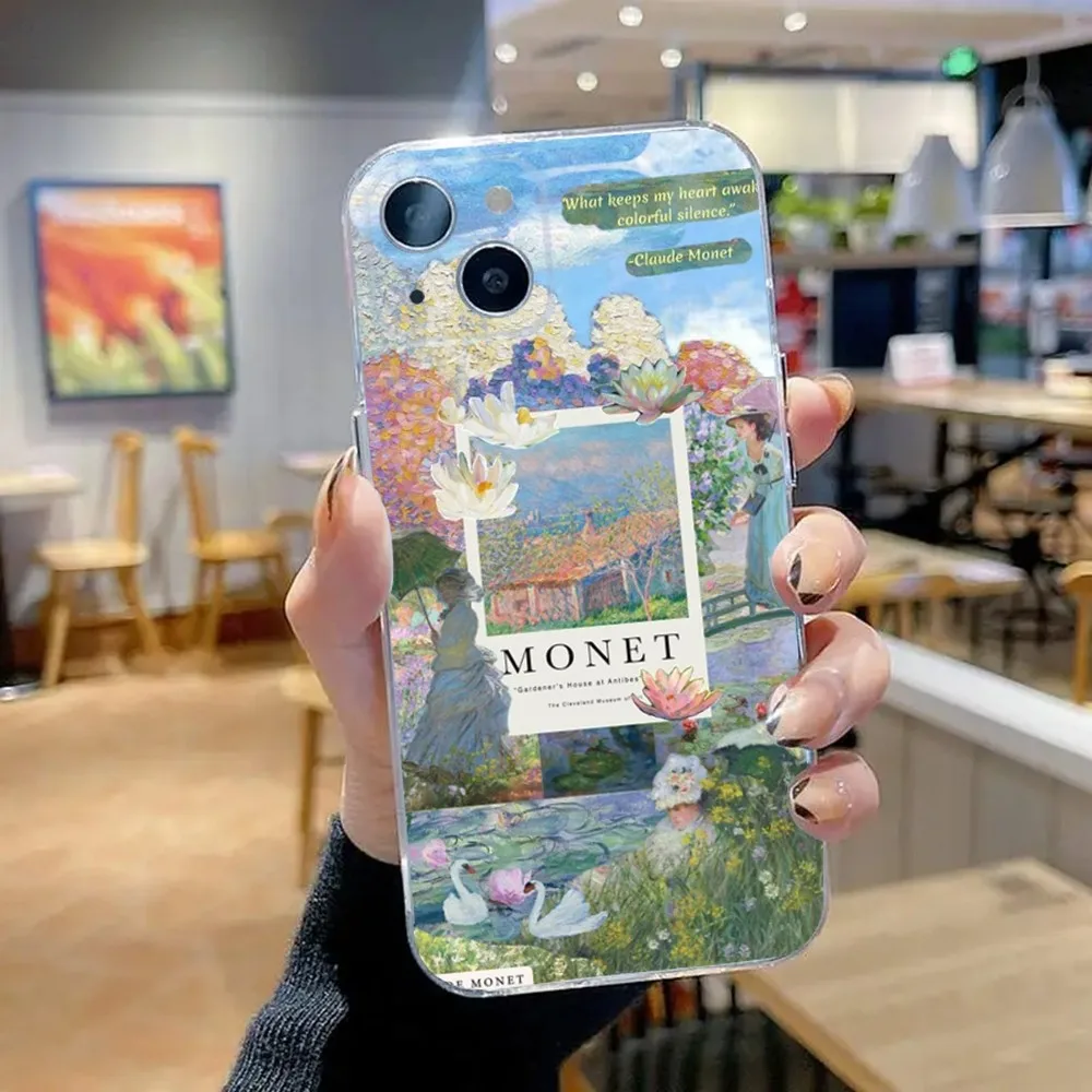 حافظة هاتف كلود مونيه مطلية بالزيت لهاتف آيفون 16,15,14,13,12,11 Plus,Pro,Max,XR,XS,X,7,8 SE,سيليكون شفاف صغير ناعم