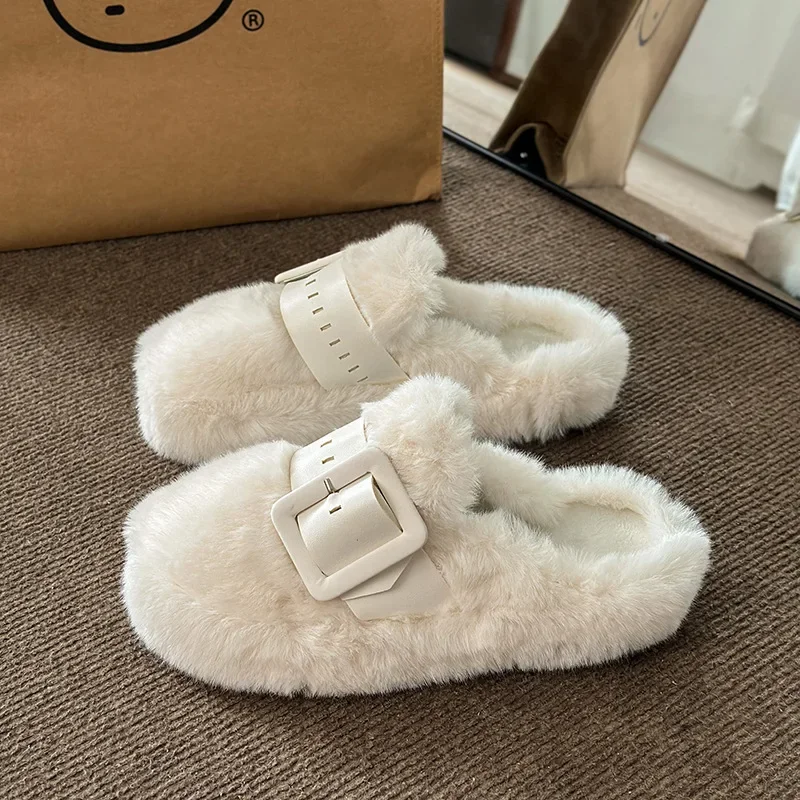 Curly Wool Fur Slippers Women Winter Shoes Ladies Fleeces Sandalias Warm Plush Slides Belt Buckle Fluffy Mules Female Pantuflas