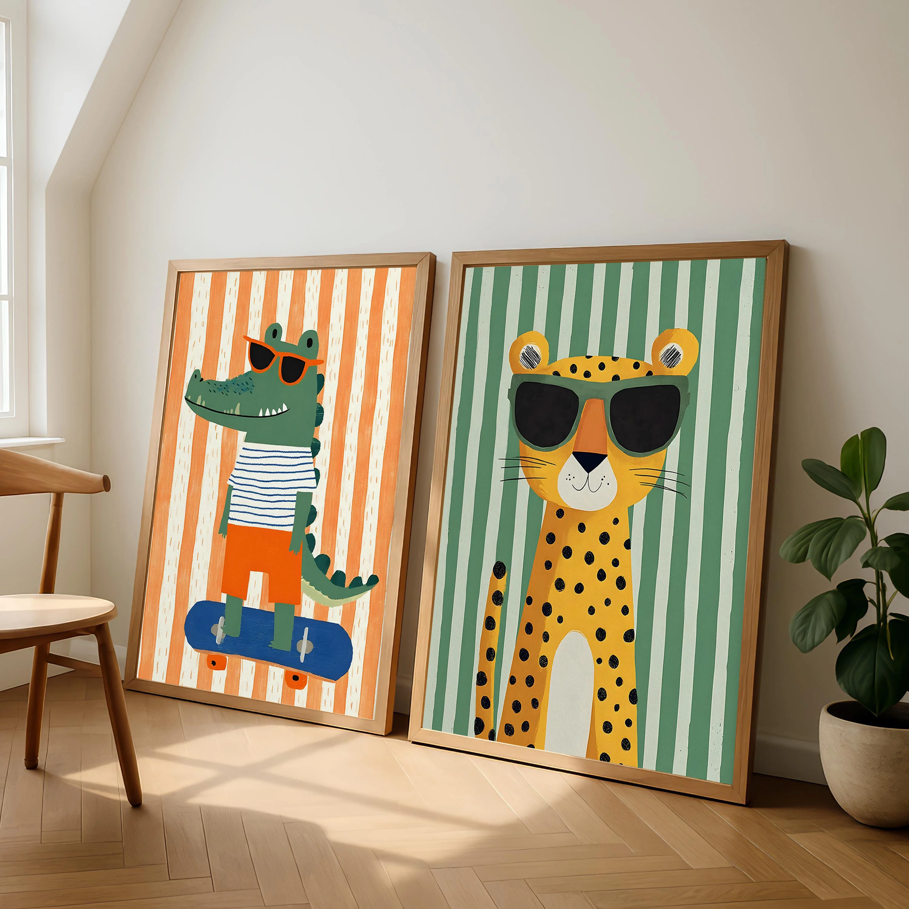 Skateboarding Alligator Fun Animal Nursery Poster Leopard Sunglasses Skater Duck Prints Canvas Painting Wall Pictures Home Decor