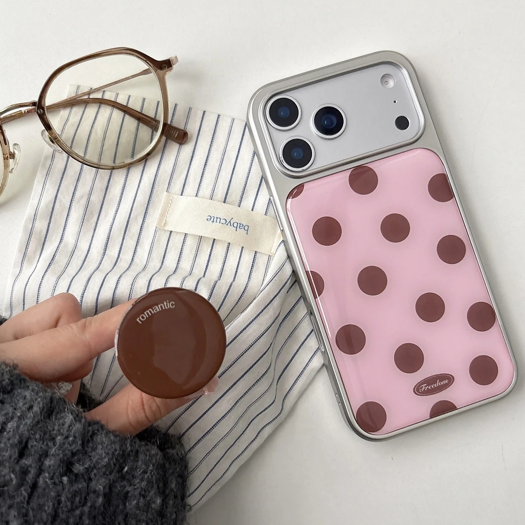 Color rosa marrón colisión puntos circulares con soporte pegamento de goteo borde plateado funda de teléfono para iPhone 17 16 15 14 Pro Max