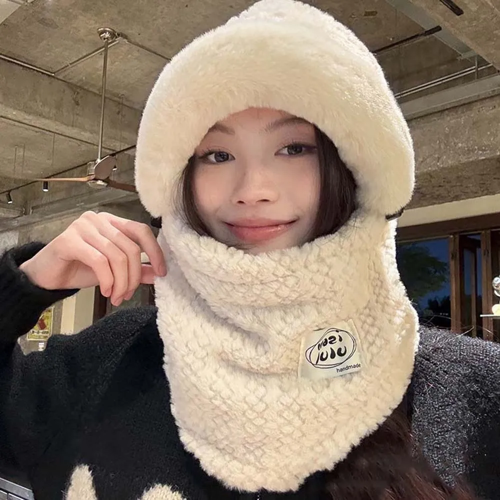 

Balaclava Hat Plush Winter Integrated Scarf Cap 4 in 1 Thickened Pullover Mask Cap Adjustable Soft Mask Woolen Hat Anti-cold