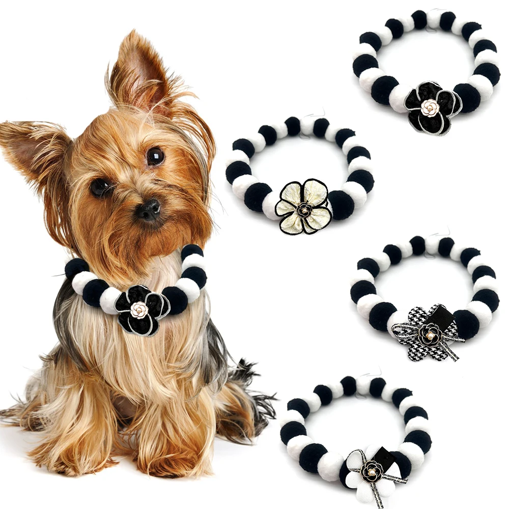 12pcs Handmade Pet Small Dog Bow Tie Flowers Style Hair Ball Necklace Collar Puppy Cat Bowties Neckties Dog Grooming Accessories