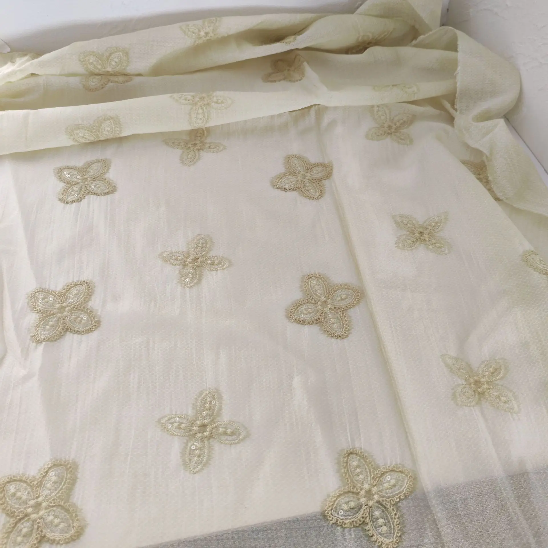 Clover Sequin Embroidery Crinkled Crepe Fabric, 4-Petal Flower Embroidered Mesh Cloth, Material for WomenDress& arment Sewing