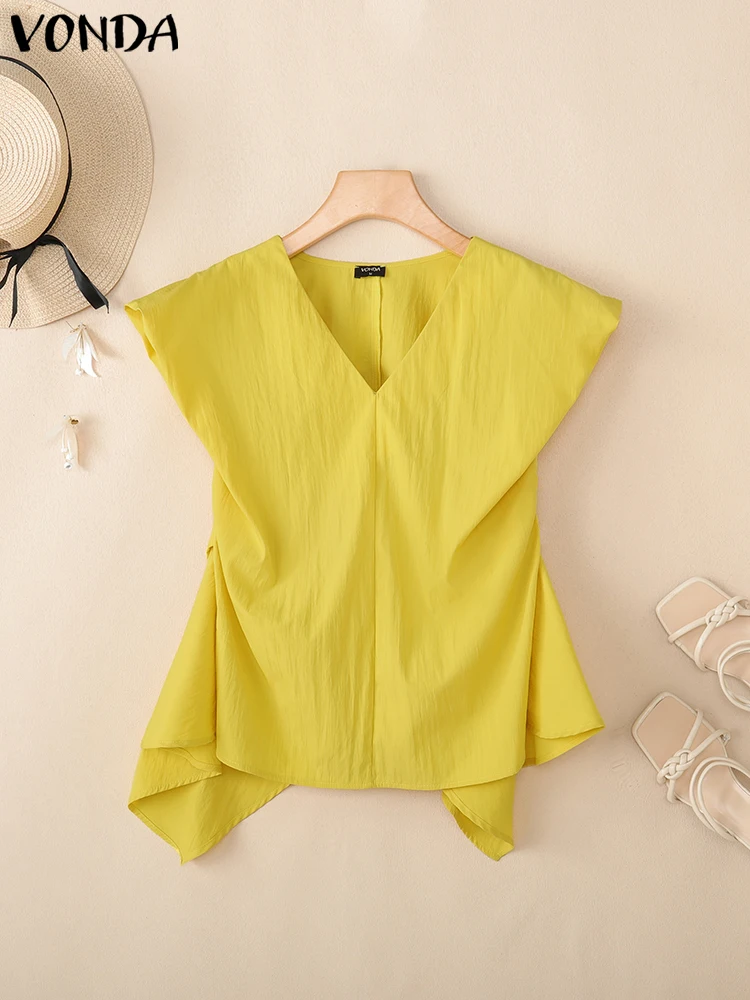 

2025 VONDA элегантная блузка женская с коротким рукавом с v-образным вырезом асимметричные топы туника модные однотонные офисные женские рубашки OL корейские рубашки