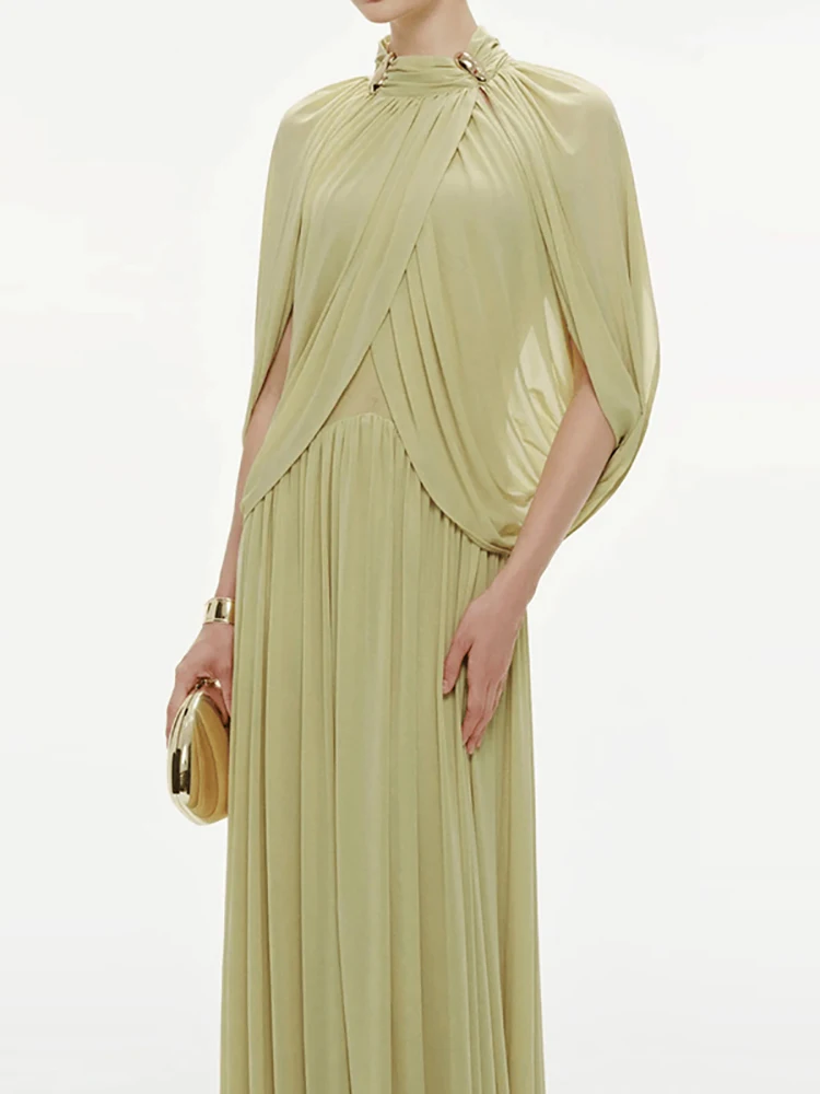 

Модное платье с круглым вырезом, завышенной талией и плиссировкой для вечеринок, элегантное, весна 2026, праздничное, простое, однотонное, с рукавами «летучая мышь», женское длинное платье