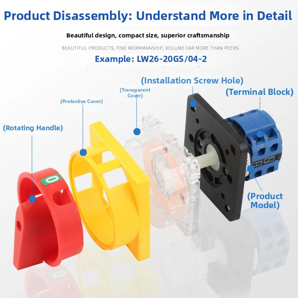 Rotary Cam Switch LW26GS-20/02 20A 380V 2P 50/60Hz for Panel Mounting with 48x48mm Center Distance and Red Handle Operation