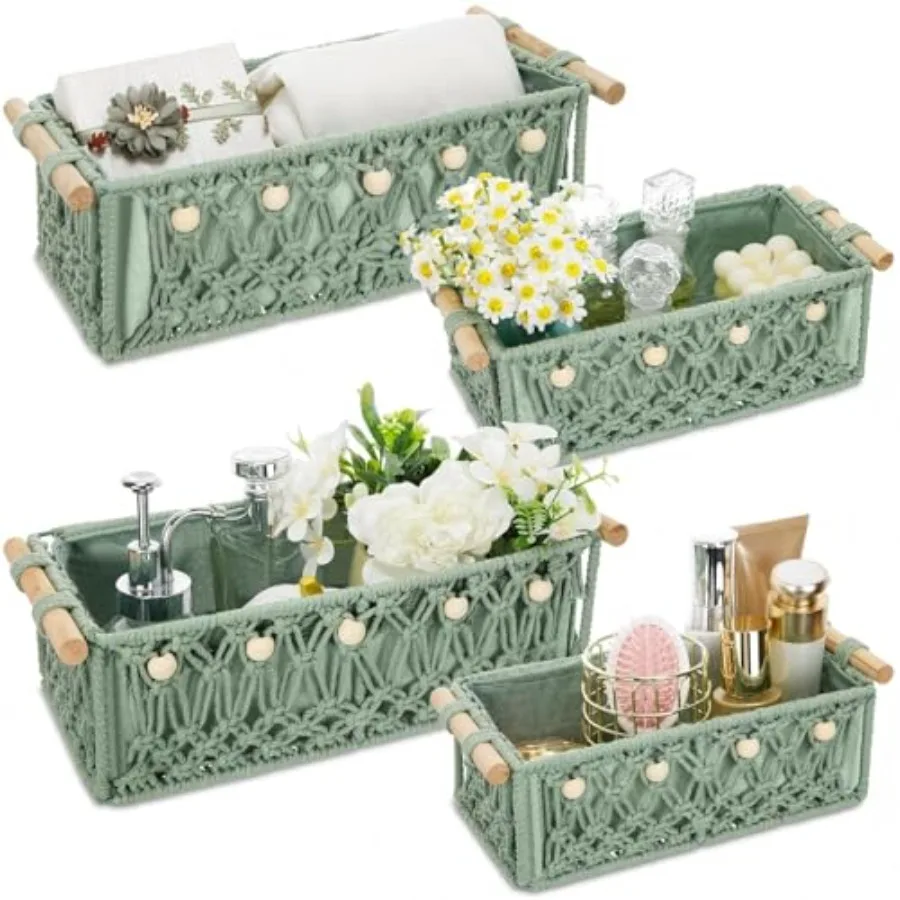 

4 Pcs Sage Macrame Storage Basket for Shelves 13" 11" Boho Storage Basket Hand Woven Boxes with Wood Handles Beads Decorative C
