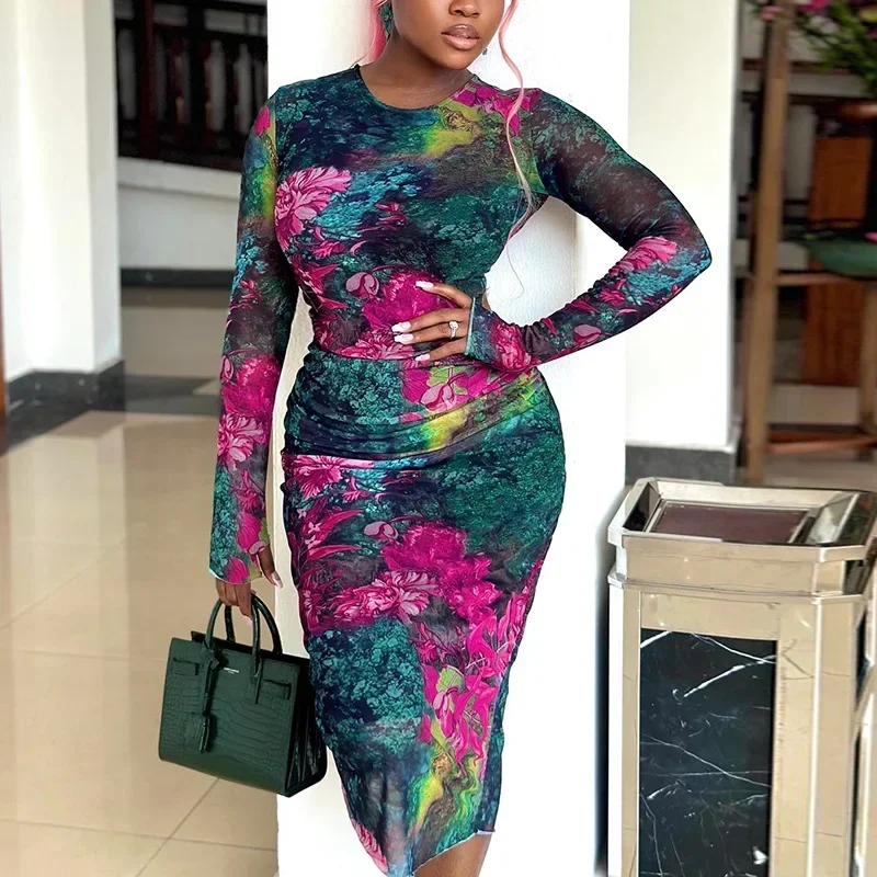 Letnie sukienki plażowe, narzutki na strój kąpielowy, odzież plażowa damska 2025, eleganckie, drukowane, jednoczęściowe z siateczką, okrągły dekolt, rękaw.