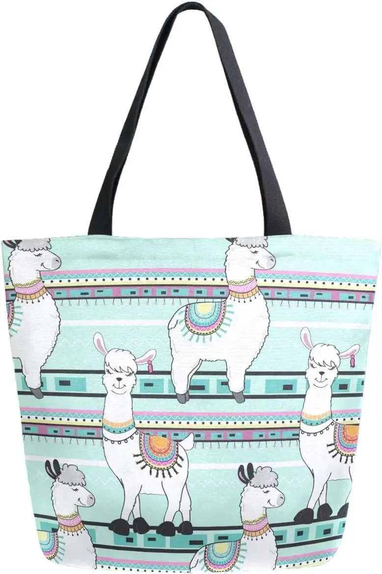 Chic Cute Cartoon Llama Stripes Pattern Extra Large Canvas Tote Bag for Gym Beach Travel Reusable Shopping  HandBags