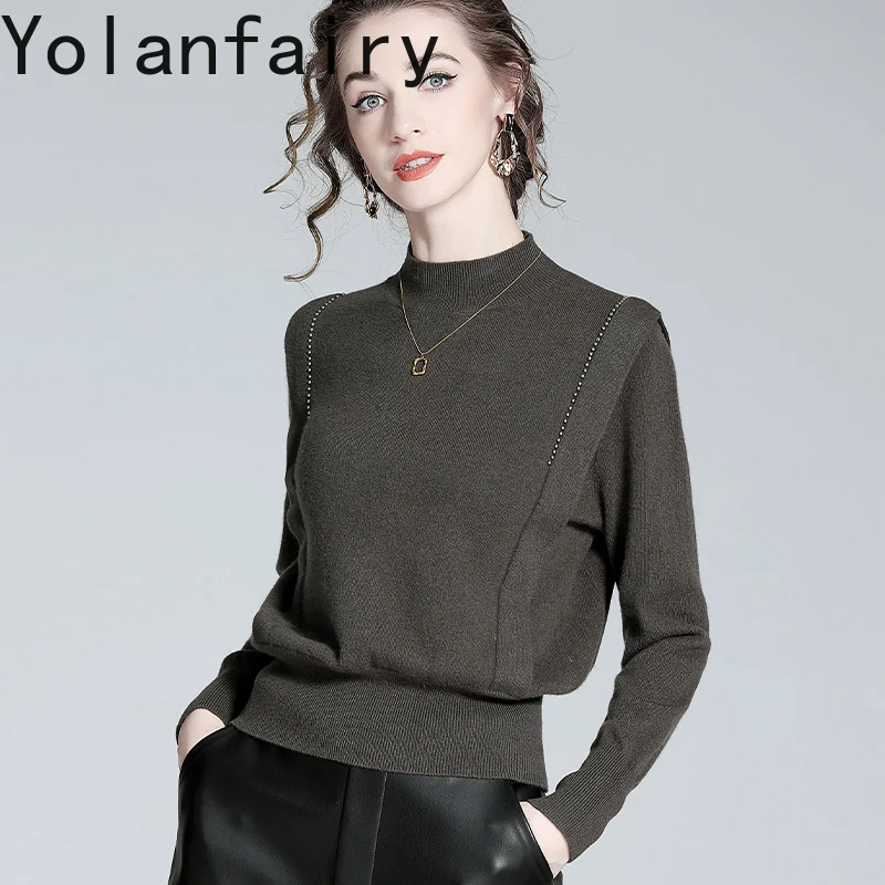 YOLANFAIRY الراقية 89% الصوف 11% سترة الكشمير المعنقة امرأة خفيفة فاخرة عالية الرقبة قاعدة طبقة طويلة الأكمام بلايز رداء علوي من الصوف البلوزات