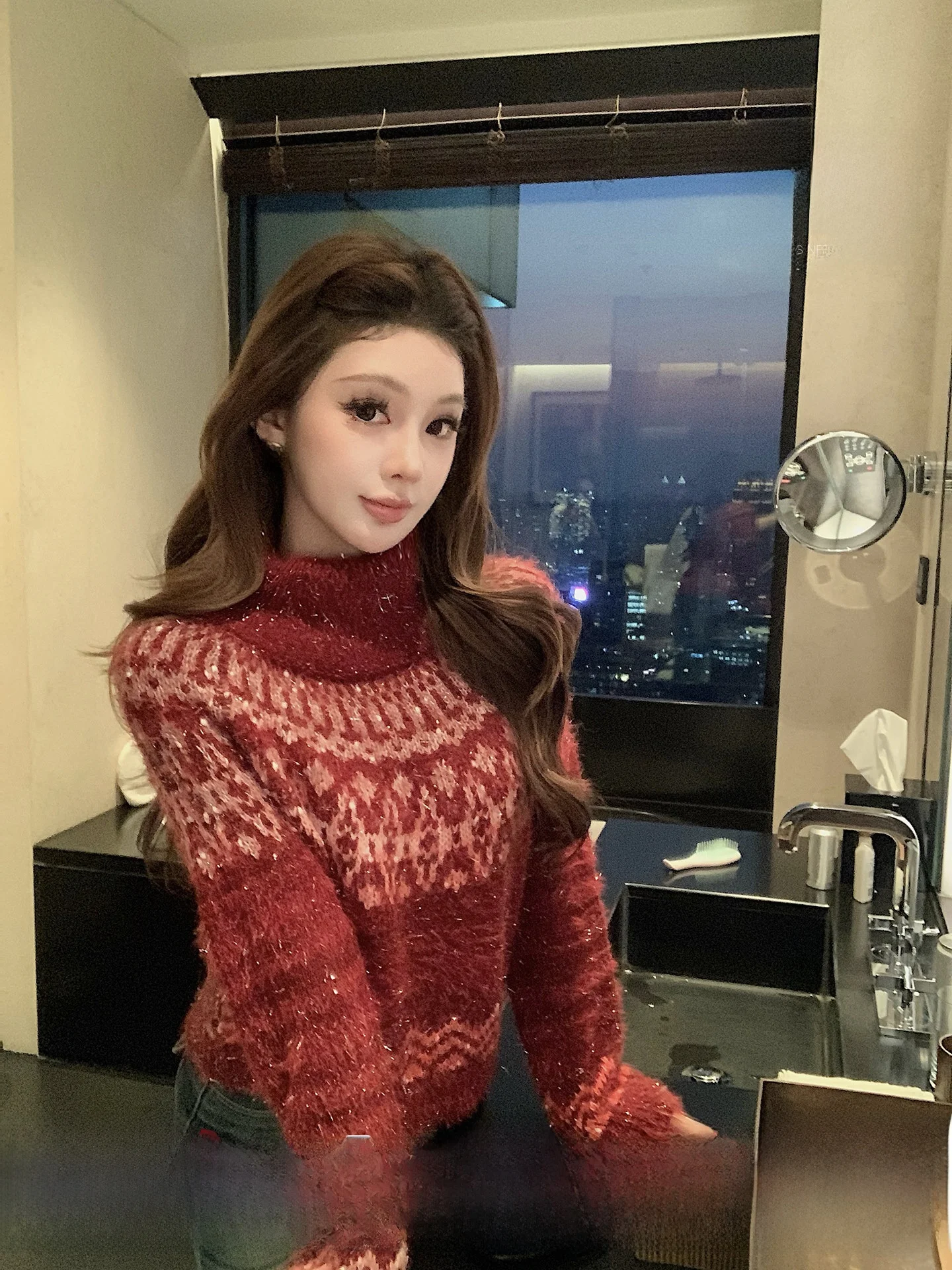 

Qiu Rou Yao Fair Isle High Ne Knitwear Women's Silver Tead iny Aosphere Sensation Winter New Sle Casual Long Sve...