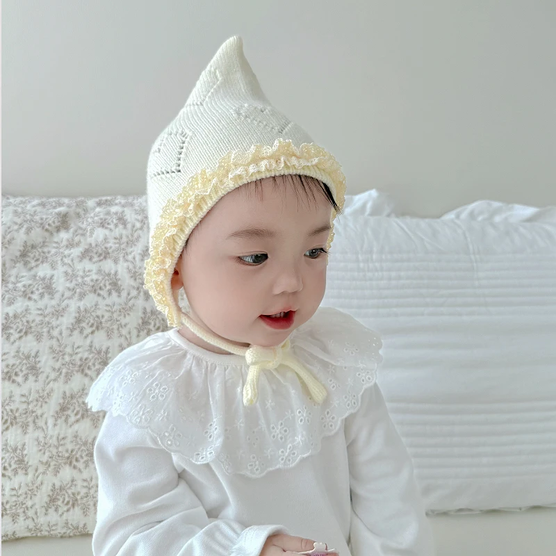 

Кружевная вязаная шапка принцессы с острым носком, зимние теплые шапки для новорожденных, мягкие шерстяные вязаные крючком шапочки для малышей 3-18 месяцев, детские шапочки с галстуком
