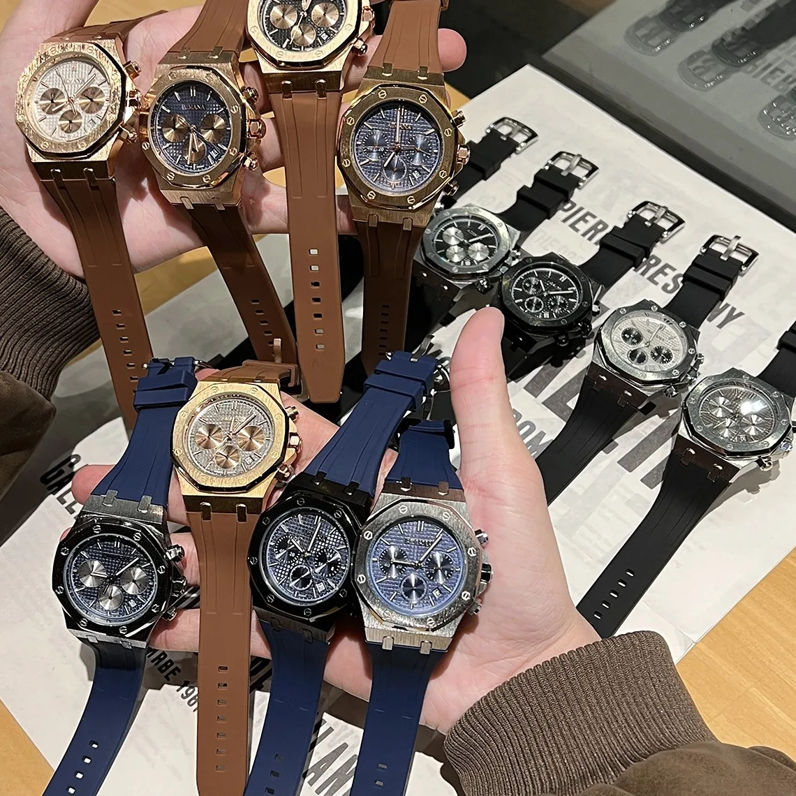 

Octagonal Rose Gold Case Waterproof Sports Silicone Men's Watch with Date Display Multi-function Three-eye Six-hand Sports Watch