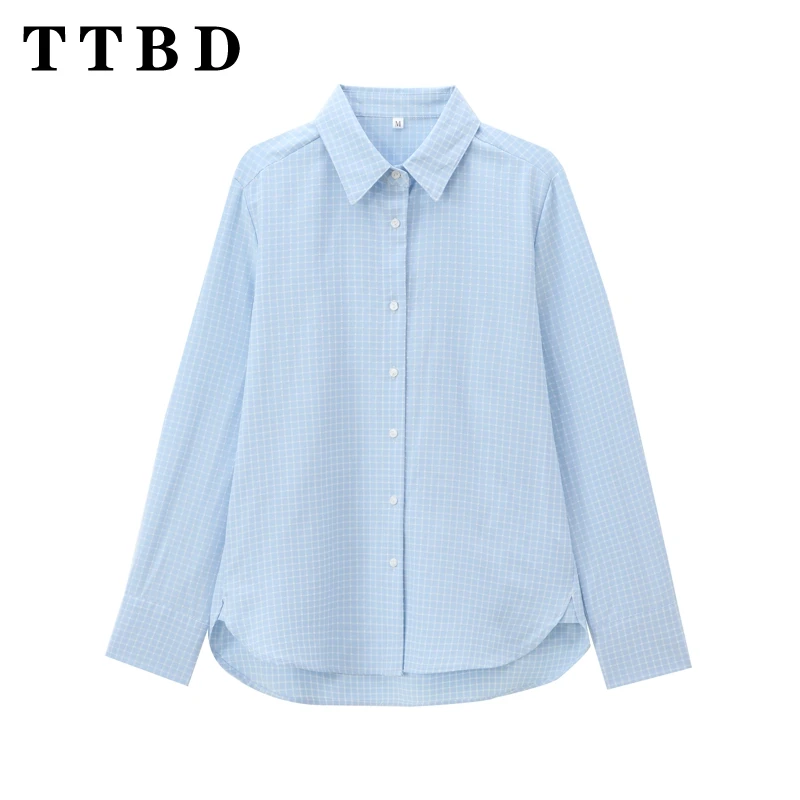 

TTBD 2024 New Autumn Women's Casual Checkered Shirt Commuter Versatile Collar Single Breasted