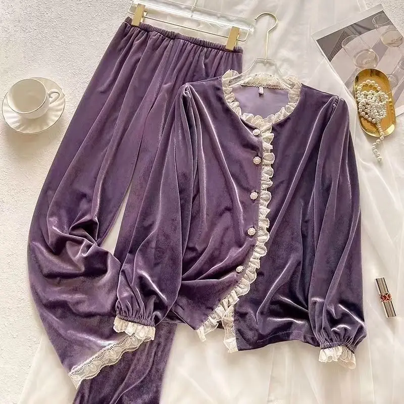 Winter Golden Velvet Pajamas Women's Ensemble Femme 2 Pièces Lace Luxury High-end Long-sleeved Trousers Sleepwear Large-size 4xl
