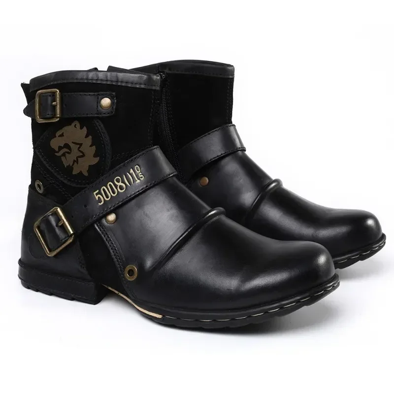 Sapatilhas de couro vintage masculino Winter, sapatos com zíper quente, estilo metal, equitação retrô, moda masculina, 2023