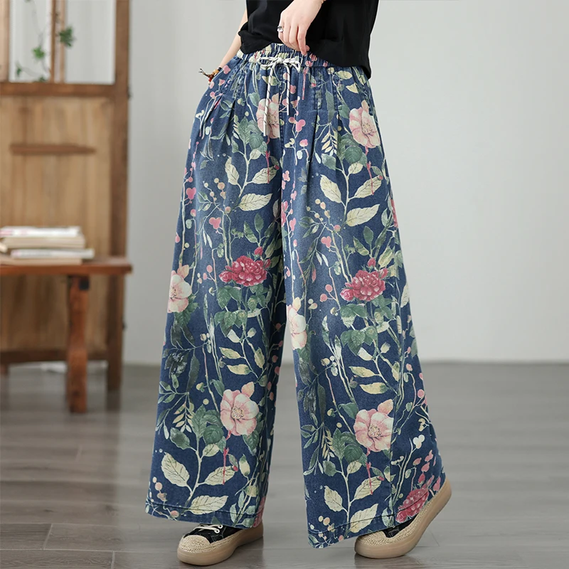plus Size Casual High Waist Loose Fit Printed Denim Wide Leg Pants Straight Leg Versatile Comfortable Cotton Blend Jeans