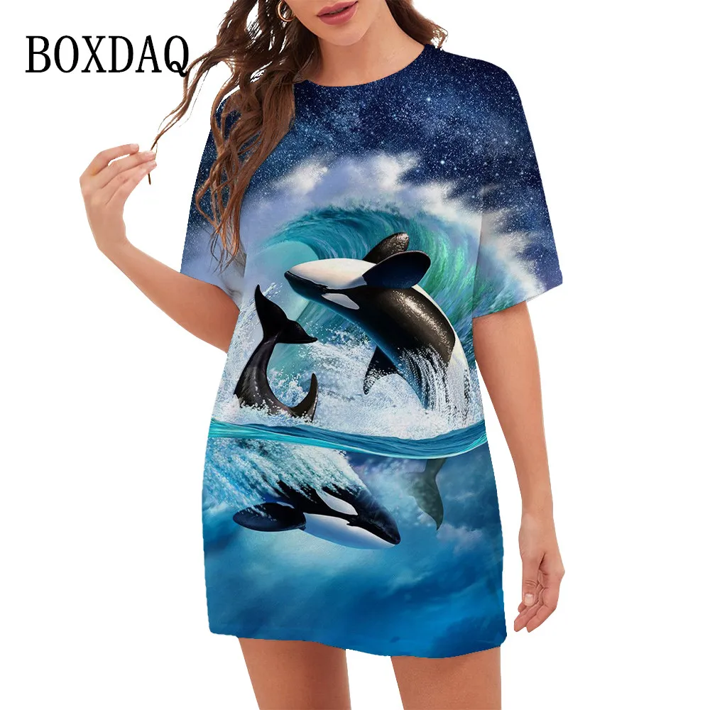 New 2023 Women Dresses Summer Fashion Ocean Whale Pattern 3D Print Dress Casual Short Sleeve O-Neck Mini Dress Oversize Clothing