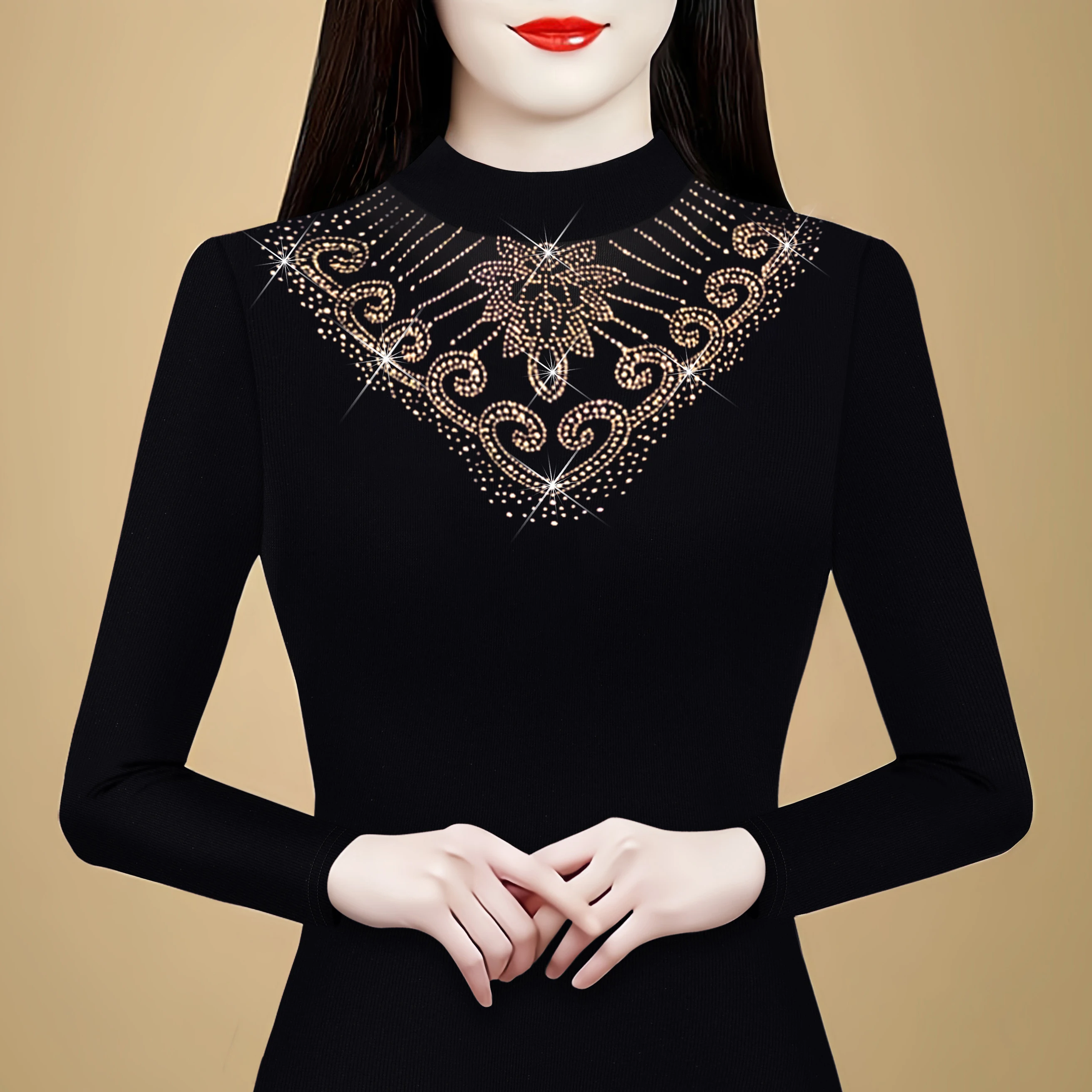 

Женская рубашка с полувысоким воротником, осень-зима 2021, черная футболка с бриллиантами, элегантные модные повседневные топы